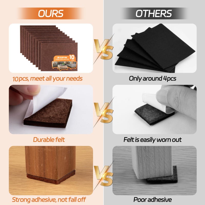 BAIPOK Furniture Pads 10 Pieces Self Adhesive Furniture Felt Pads, 8" x 6" Cuttable Felt Chair Pads, Anti Scratch Furniture Floor Protectors for Furniture Legs Hardwood Floor, Brown - Image 2